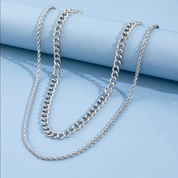 2 Piece Double Layered Dainty Silver Chain Link Necklace New - Picture 3 of 5